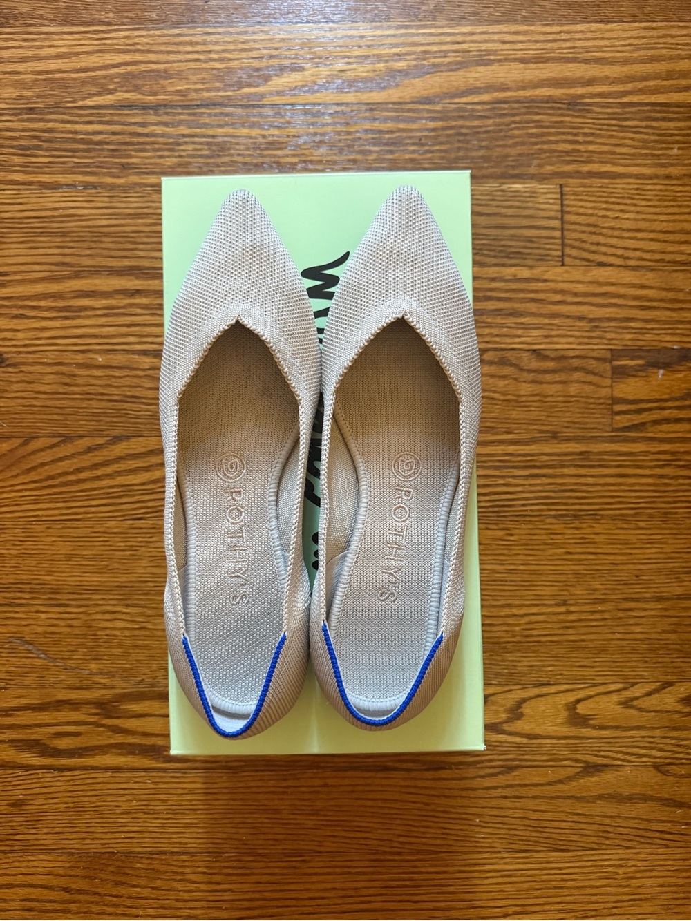 Rothy's Cream Pointed Knit Flats with Blue Trim
